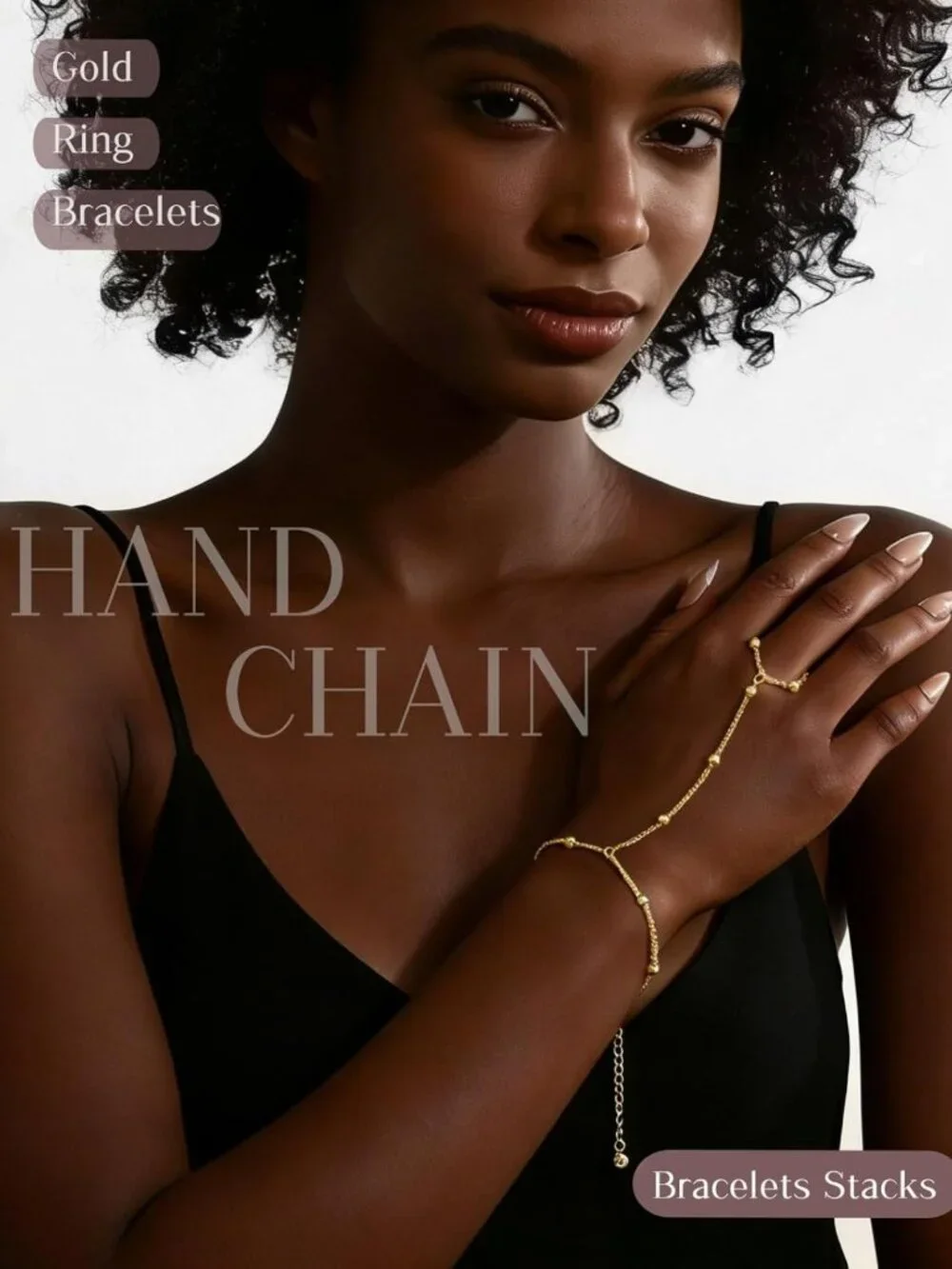 Dainty Gold Hand Chain Bracelets Set - 14K Plated Stackable Ring & Beaded